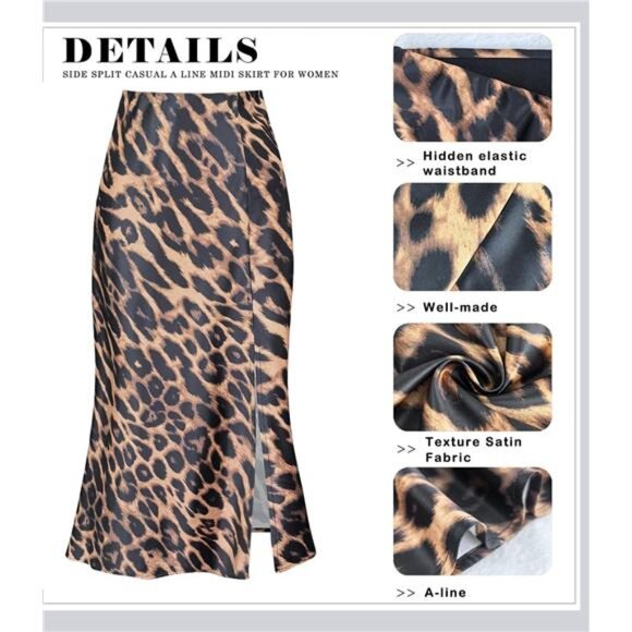 Womens Satin Midi Skirt High Waisted Side Slit A Line Leopard Print Long Skirt - Picture 5 of 7